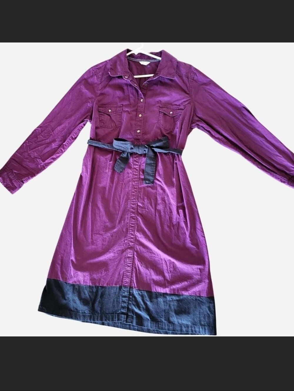 100% Cotton Purple and black midi dress with button detail and waist tie